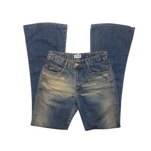 USED Studded Flare Jeans Blue Sandblasted Wash Y2K Stretch Denim